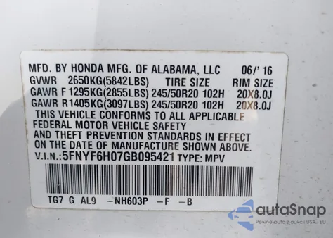 2016 Honda Pilot Elite z USA, uszkodzony, nr VIN 5FNYF6H07GB095421